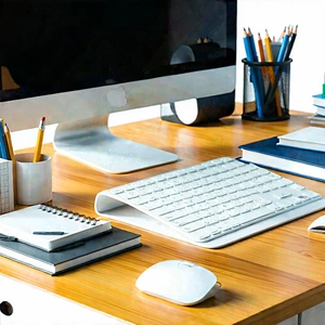 Business Technical Illustration: Workplace with modern office supplies on desk
