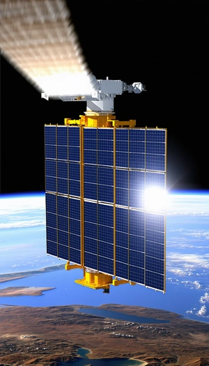 A Large Satellite With A Solar Panel On Top, Floating In The Sky