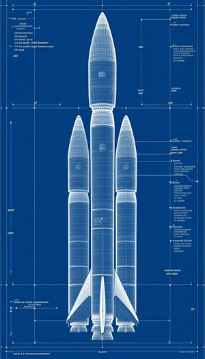 A Large Rocket Is Shown In A Blue And White Drawing