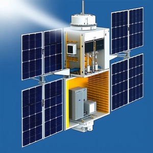 A Large, White, And Yellow Satellite With A Solar Panel On Top