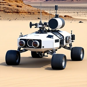 A White Robotic Vehicle With Four Wheels, Sitting In A Desert-like Environment