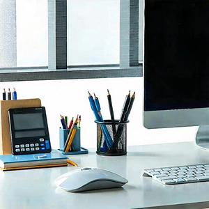 Business Product Photography: Workplace with modern office supplies on desk
