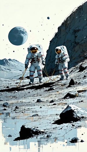 In The Image, There Are Two Astronauts Standing On A Rocky Surface, Possibly On The Moon