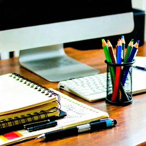 Business Tilt-Shift Photography: Workplace with notebooks and pens on desk