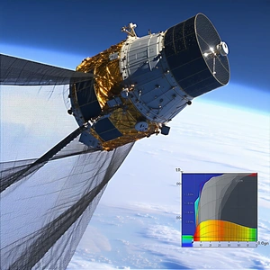 A Space Shuttle Flying Through The Sky, With A Large Satellite Attached To The Back Of It