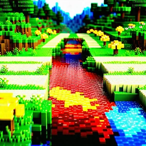 Nature Voxel Art: Rushing river surrounded by wildflowers