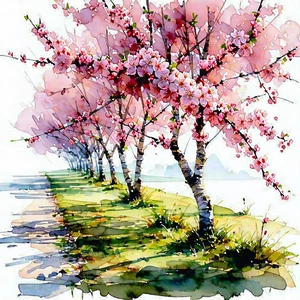 Nature Watercolor Painting: Cherry Blossoms In Sunlit Clearing With Beautiful Tree