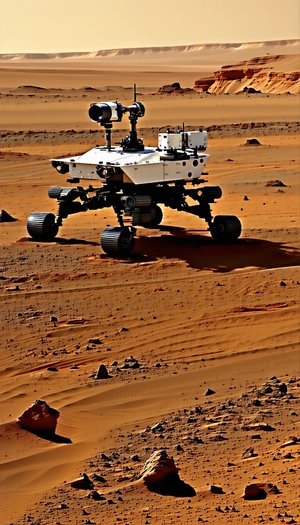 A Robotic Vehicle Is Driving Across A Sandy Terrain