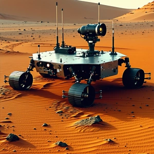 A Large Robotic Vehicle With Four Wheels, Driving Across A Sandy Terrain