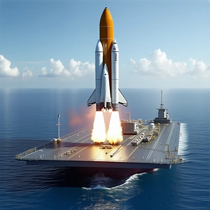 A Large Space Shuttle Is Being Launched From A Large Aircraft Carrier