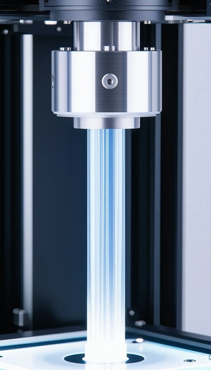 A Large, Silver Machine Is Sitting In A Room, With A Blue Light Shining From It