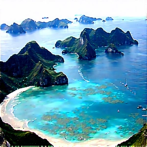 Nature Watercolor Painting: Aerial View Of Coastal Islands With Beautiful Blue