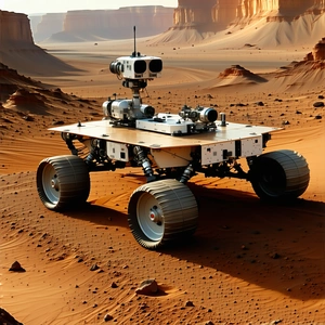 A Large Robotic Vehicle, Possibly A Rover, Sitting On A Dirt Surface