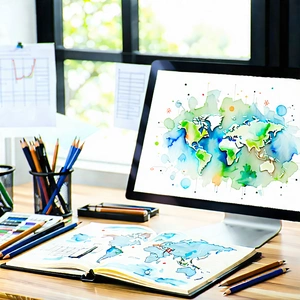 Business Watercolor Painting: Workplace with productivity tools on desk