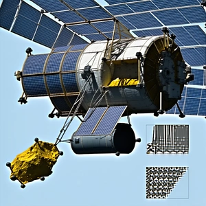 A Space Shuttle Is Shown In A Close-up View, With A Large Rock Hanging From Its Side