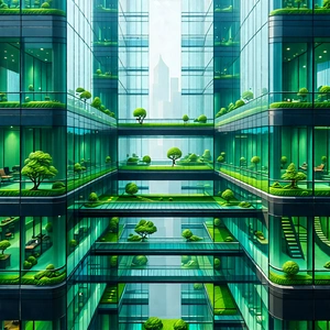 Urban Concept Art: Glass Office Tower With Green Rooftop With Image, There