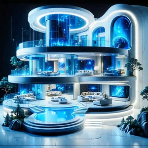 Tech Watercolor Painting: Futuristic Smart Home With Model Futuristic,