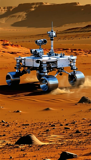 A Robotic Vehicle Is Driving Across A Dirt Field, With A Dusty Surface