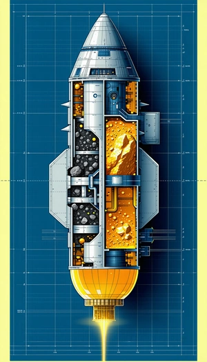 A Large, Futuristic Spacecraft Is Shown In A Blue And Yellow Color Scheme