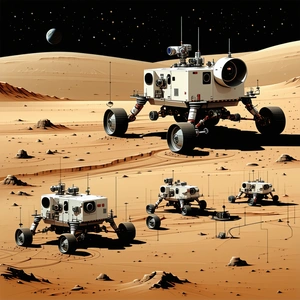 In The Image, There Are Four White Robots With Wheels, Standing On A Dirt Surface