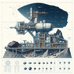 A Large, Futuristic Space Station Is Depicted In A Blue And White Drawing