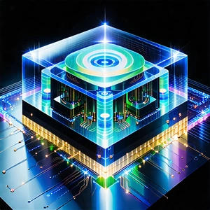 Tech Gouache Painting: Quantum computer with holographic projection