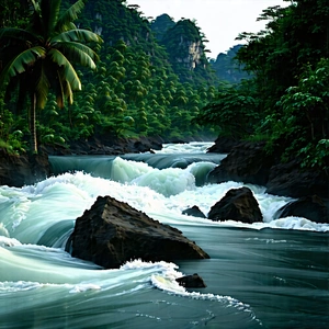 Nature Advertising Photography: Rushing River Surrounded By Lush Vegetation With Beautiful Waterfall