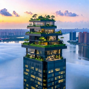 Urban Drone Photography: Skyscraper With Green Rooftop With Large Black