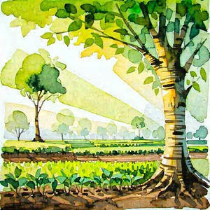 Tech Watercolor Painting: Agricultural Technology In Research Center With Painting Forest
