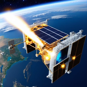 A Spacecraft Is Shown In A Close-up View, With Its Solar Panels Prominently Displayed