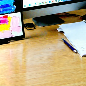 Business Oil Painting: Workplace With Digital Devices On Desk With Wooden Desk