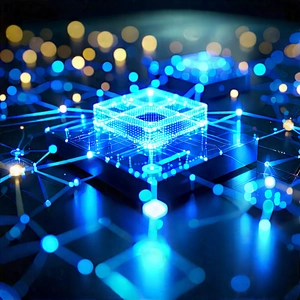 Blockchain Network Visualization With Blue, Three-dimensional