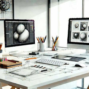 Business Ink Drawing: Workplace With Digital Devices On Desk With White Desk