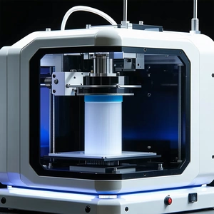 A White Machine Is Shown In The Image, With A Blue Light Illuminating The Area