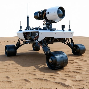 A White Robotic Vehicle With A Large Camera On Its Front