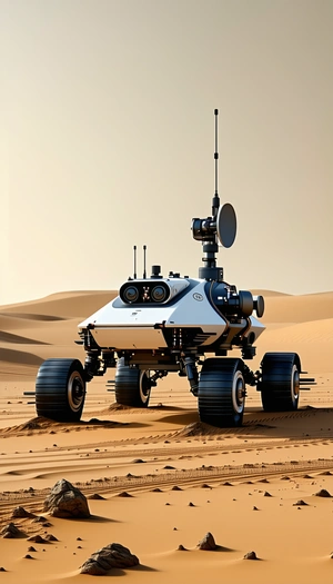 A Futuristic Robotic Vehicle With A Large Antenna On Top, Driving Across A Sandy Terrain
