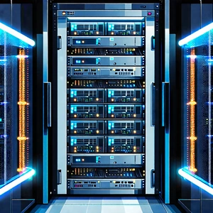 Tech Watercolor Painting: Server rack with (digital:1.1) particles