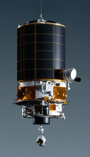 A Spacecraft Is Shown In A Close-up View, With Its Solar Panels And Other Components Clearly Visible