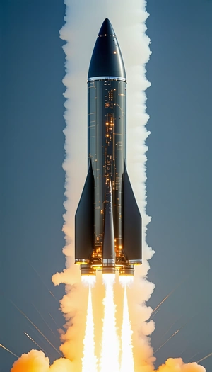 A Rocket Launching Into The Sky, With A Trail Of Smoke Behind It