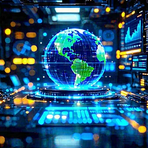 Financial Technology In Tech Office With Large, Blue,