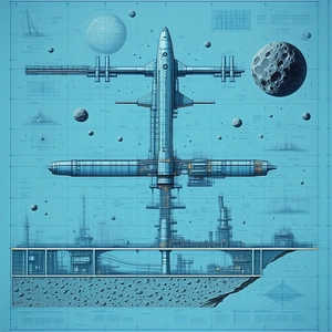A Blue And White Drawing Of A Space Ship Is Shown In The Image