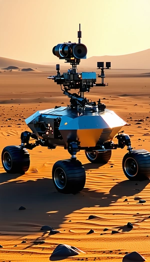 A Robotic Vehicle Is Sitting On A Sandy Surface, Possibly A Desert