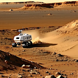A Small White Vehicle, Possibly A Rover Or A Jeep, Driving Across A Rocky Terrain