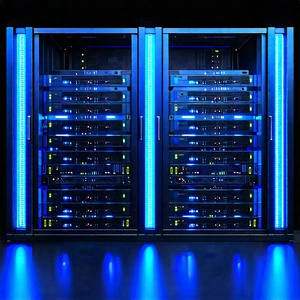 Tech Gouache Painting: Server Rack With Blue Light (glow:1.39) With Large Blue