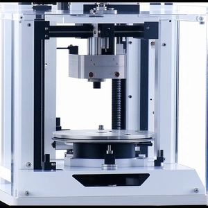 A White Machine Is Holding A Black Object, Which Appears To Be A Piece Of Machinery