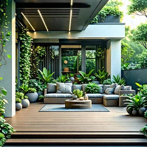 Lifestyle 3D Render: Balcony garden with warm lighting