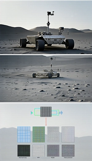 The Image Is A Collage Of Three Pictures, Each Showing A Different Perspective Of A Robotic Vehicle
