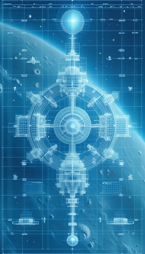 A Blue And White Drawing Of A Space Ship Is Displayed