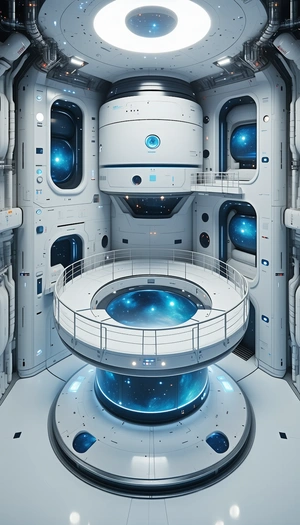 In This Futuristic Space Station, There Is A Large, Round, Blue-lit Room With A Dome-shaped Ceiling