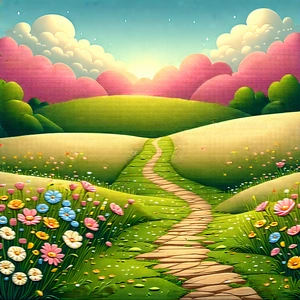 Nature Vector Art: Path Through Flowering Meadow With Image, There